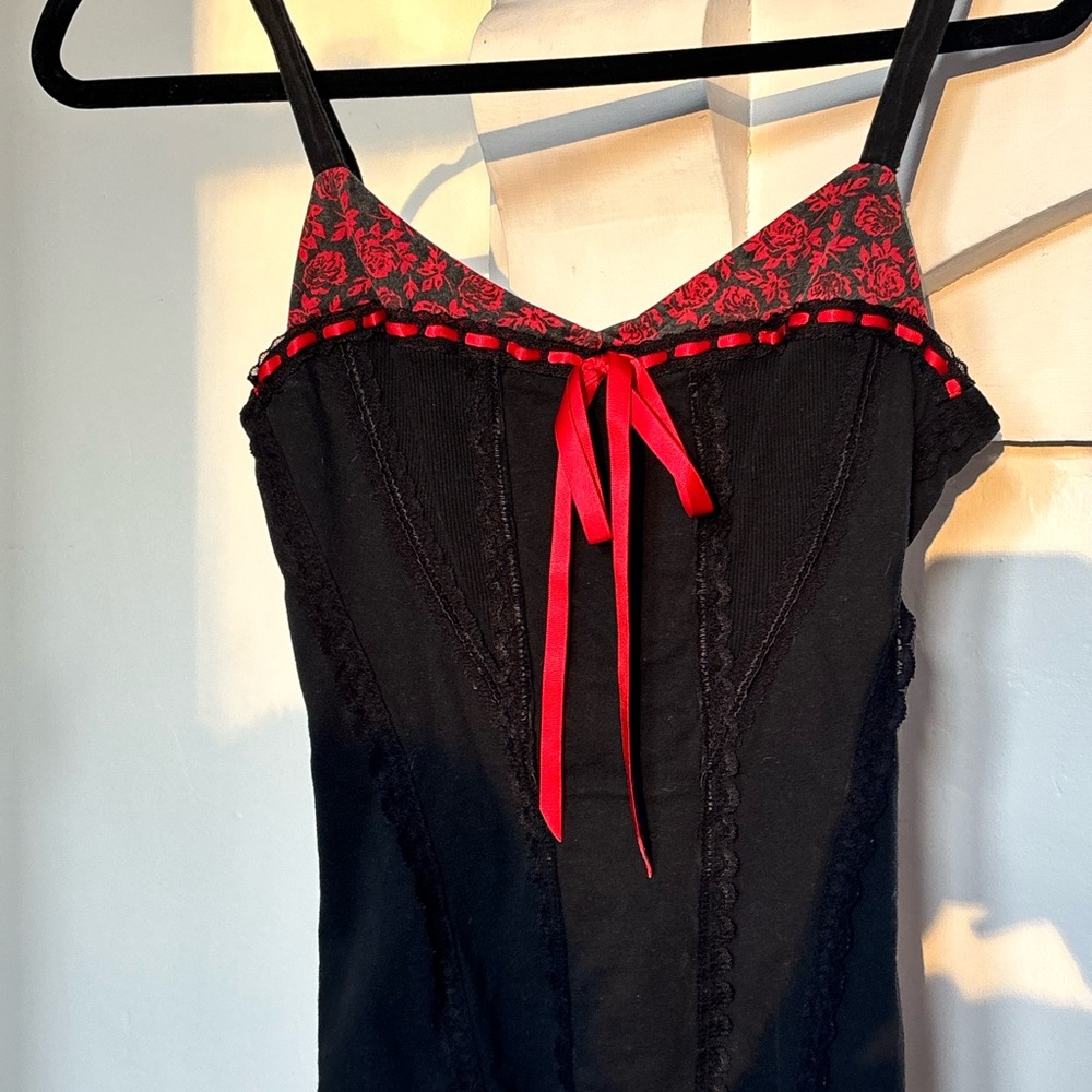 Tripp NYC Black Top with Red Lace Accents